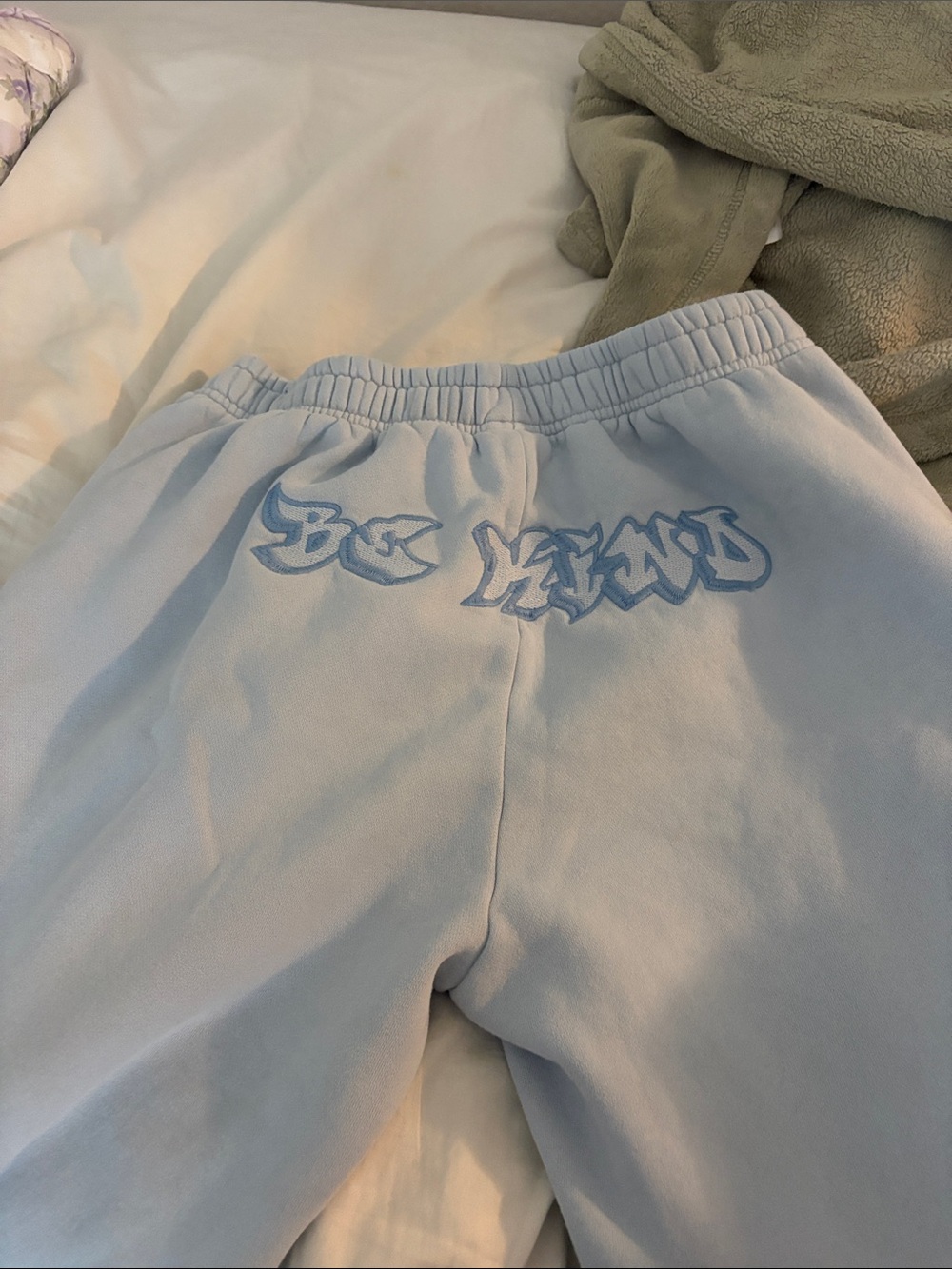 named collective  Light Blue Graphic Sweatpants says be kind on the booty